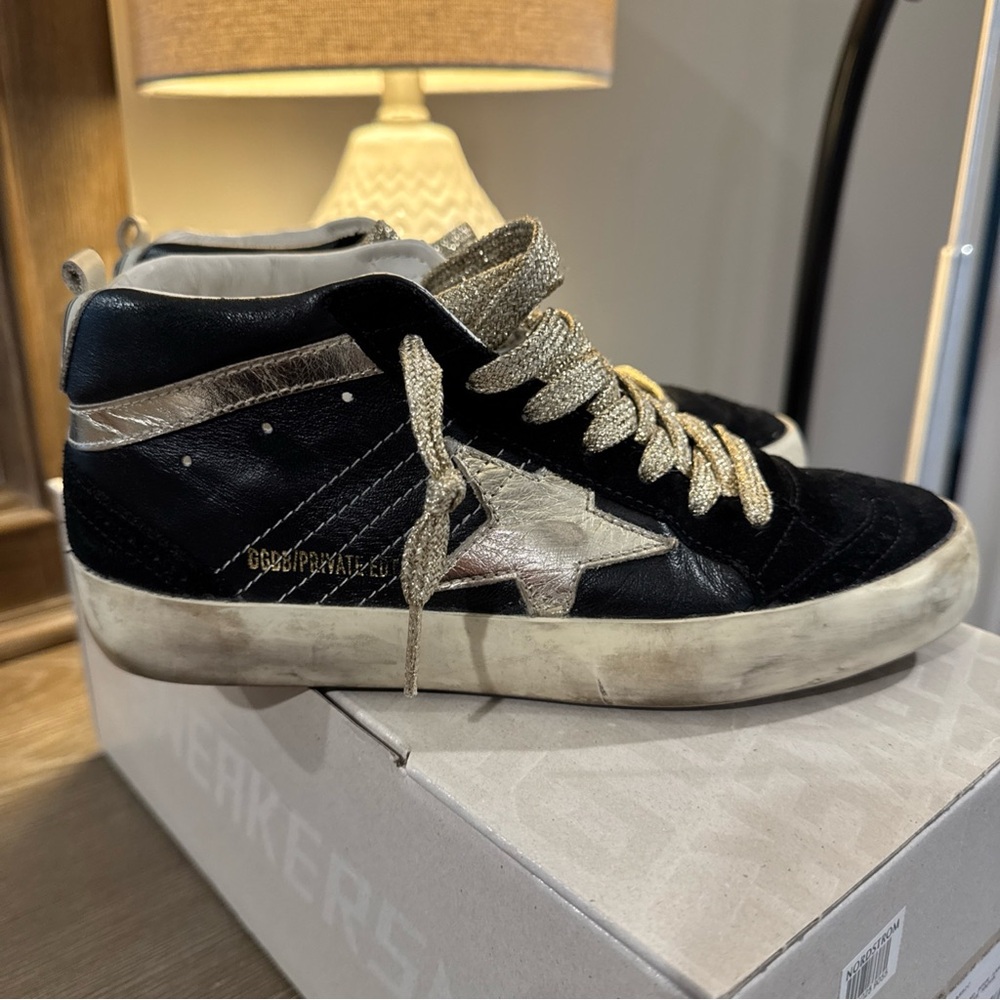 Golden Goose Women's Mid Star Suede Sneaker Size 36 6 Black Ivory platinum Gold!